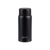 A drink bottle in matte black with a cylindrical design and a screw-on lid, featuring a logo.