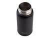A drink bottle in black with a stainless steel opening, featuring a logo on the side.