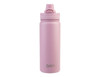 A drink bottle with a quick release cap, featuring a pink finish and a logo on the front.