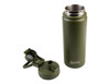 A drink bottle in olive green with a vacuum design and a quick-release cap. It features a logo on the body.