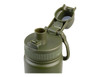 A drink bottle in olive green with a quick release cap and a built-in handle. Features a logo on the body.