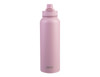 A drink bottle in light pink with a quick-release cap and a logo on the front.