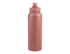 A drink bottle in a matte pink colour with a quick release cap and logo on the side.