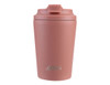 A ceramic-lined insulated coffee cup in a soft pink colour with a lid and a logo.
