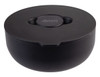 A black insulated lunch bowl with a lid, featuring a logo on top. Ideal for keeping food fresh.