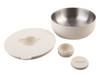 A lunch bowl set featuring a cream-coloured exterior, a stainless steel interior, and includes a lid and smaller container.