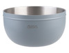 A double wall salad bowl in light blue with a stainless steel interior and a logo.