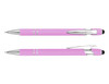 A pink stylus pen with chrome accents and a sleek design, featuring both a ballpoint and a touch tip.