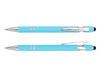 A stylus pen in blue, featuring a silver trim and a retractable design with a rubber tip.