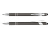 A grey stylus pen with silver accents and a touch screen tip, featuring a logo. Two pens are displayed side by side.