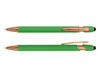 A green stylus pen with rose gold accents, featuring a sleek design and a black tip for touchscreen use.