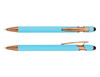 A stylus pen in turquoise with rose gold accents, featuring a smooth finish and a logo.