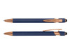 A navy blue stylus pen with rose gold accents, featuring a sleek design and a logo on the body.