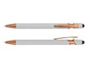 A rose gold stylus pen with a sleek white body, featuring a branding logo on the side.