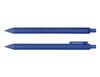 A blue ballpoint pen displayed from two angles, featuring a smooth design and a clip for easy attachment.