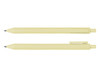 A yellow ballpoint pen displayed from two angles, featuring a sleek design and a clip for attachment.