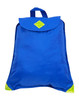 A blue excursion bag with a flap and green accents, featuring a carrying handle. It has a logo on the front.