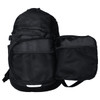 A black backpack with a front pocket, featuring a logo. It has a sleek design suitable for travel.