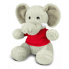 A plush elephant toy in grey with large ears, wearing a red shirt, featuring a logo on its side.