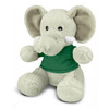 A soft grey elephant plush toy wearing a green shirt, featuring large ears and a friendly expression.