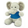 A plush elephant toy in grey with large ears, wearing a blue T-shirt. It has a soft, cuddly texture.