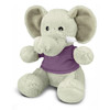 A grey elephant plush toy wearing a purple shirt, featuring large ears and a soft, cuddly design.