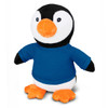 A plush toy penguin with black and white fur, orange feet, and wearing a blue shirt. It has a logo on its shirt.
