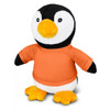 A penguin plush toy wearing an orange shirt, featuring black and white fur, with bright yellow feet.