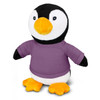 A plush penguin toy wearing a purple shirt with orange feet and beak, featuring black and white fur.