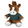 A brown horse plush toy with white accents, wearing a green shirt, sitting in a relaxed position.