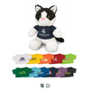 A cat plush toy with a black and white face, wearing a navy shirt, surrounded by various colourful shirts in a row.