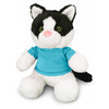 A black and white cat plush toy wearing a turquoise T-shirt, featuring large green eyes and a soft, fluffy body.