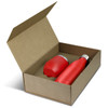 A red drink bottle and a red cup neatly packaged in a square, open cardboard box.