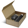 A black drink bottle and a black cup in an open cardboard gift box. The box is plain and features a logo.