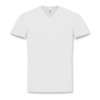 A white men's V-neck T-shirt featuring a logo on the neckline. Short sleeves and a classic fit design.