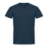 A dark blue men's V-neck T-shirt with short sleeves and a logo on the neckline.