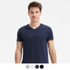 A navy blue men's v-neck t-shirt with short sleeves, featuring a branding logo.