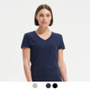 A navy V-neck women's T-shirt featuring a fitted cut and short sleeves, with visible colour options below.