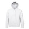 A white hooded sweatshirt featuring a front pocket and a hood. It has a logo on one side.
