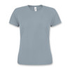 A grey sporty women's T-shirt with a round neckline and short sleeves, featuring a small logo.