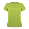 A bright green women's T-shirt with short sleeves and a round neckline. It features a logo on the front.