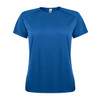 A blue women's T-shirt with short sleeves and a round neckline, featuring a logo on the front.