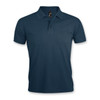 A navy men's polo shirt with a classic collar and short sleeves, featuring a logo on the upper left.