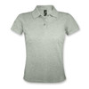 A light grey women's polo shirt featuring a collar, short sleeves, and buttons, with a logo on the tag.