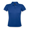 A women's polo shirt in a vibrant blue colour with a collar and short sleeves, featuring a logo.
