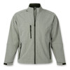 A softshell jacket in grey, featuring zippered pockets and a collar, with a contrasting dark green interior.