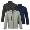 A collection of SOLS Roxy women's softshell jackets in black, navy, and green, featuring a logo on each jacket.