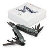 A multi-tool in grey, featuring various tools and a box with a logo.