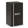 A black gift box featuring a logo and a sleek design. It has a vertical white stripe on the front.