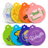 A collection of colourful silicone reusable can lids in various designs, featuring a logo on several lids.